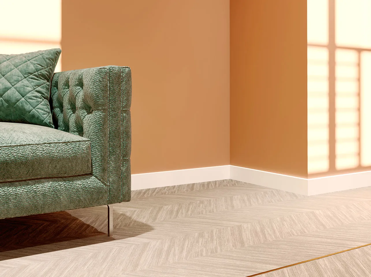 Aplicação de perfil de Rodapé modelo UPSOLU UP102 em poliestireno, não deforma, pintável, resistente à humidade, para Piso ou Parede, com cola