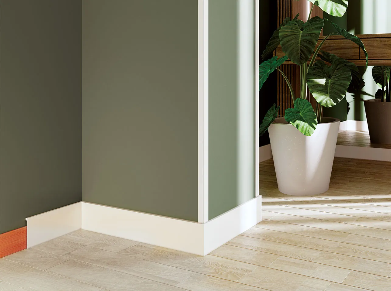 Perfil para ocultar rodapes velhos no Piso ou Parede modelo UPSOLU UP217 em poliestireno, resistente à humidade, não deforma, pintável, aplicado com cola